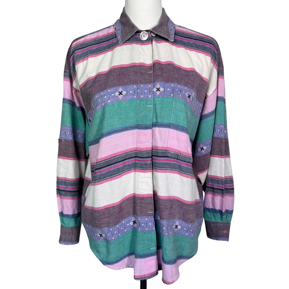 ANGELIQUE‎ Women's Small 100% Cotton Vintage Pastel Pink Striped Button Up Shirt